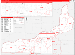 Rock Island County, IL Wall Map Zip Code Red Line Style 2024